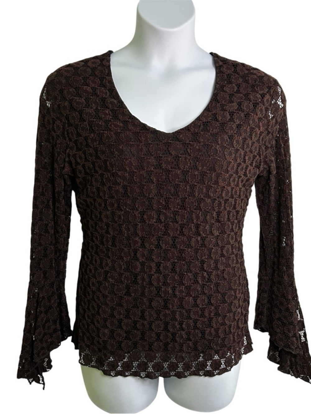 Bill Blass Jeans Stretch Top Brown Lace Lined Long Split Flare Sleeves Sz Large